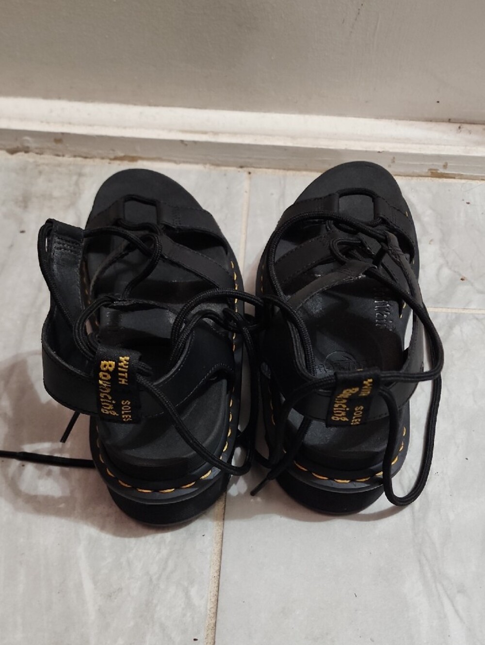 Dr. Martens Black Lace-Up Platform Sandals with Yellow Stitching - Picture 2 of 2